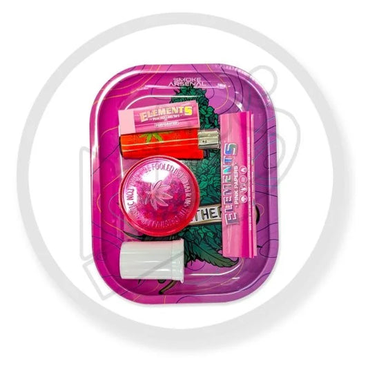 SMOKE ARSENAL Weed be Good Pink Metal Rolling Tray Small Gift Set