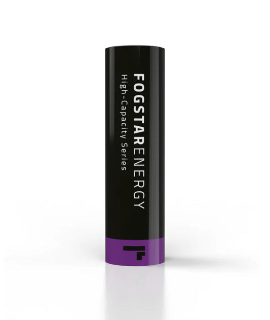 A black Fogstar Energy 3000 18650 battery with a purple bottom, housed in a battery tube.