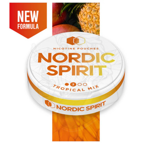 Nordic Spirit nicotine pouches with tropical mix flavor on a white background