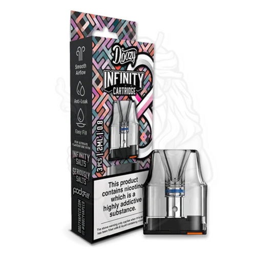 Doozy Infinity Cartridge packaging with clear cartridge on a white background