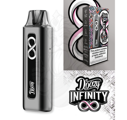 Doozy Infinity vape device and packaging on a white background