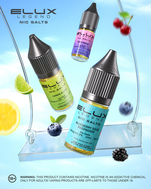 Three ELUX Legend Nic Salts bottles with fruit-themed packaging on a light blue background.
